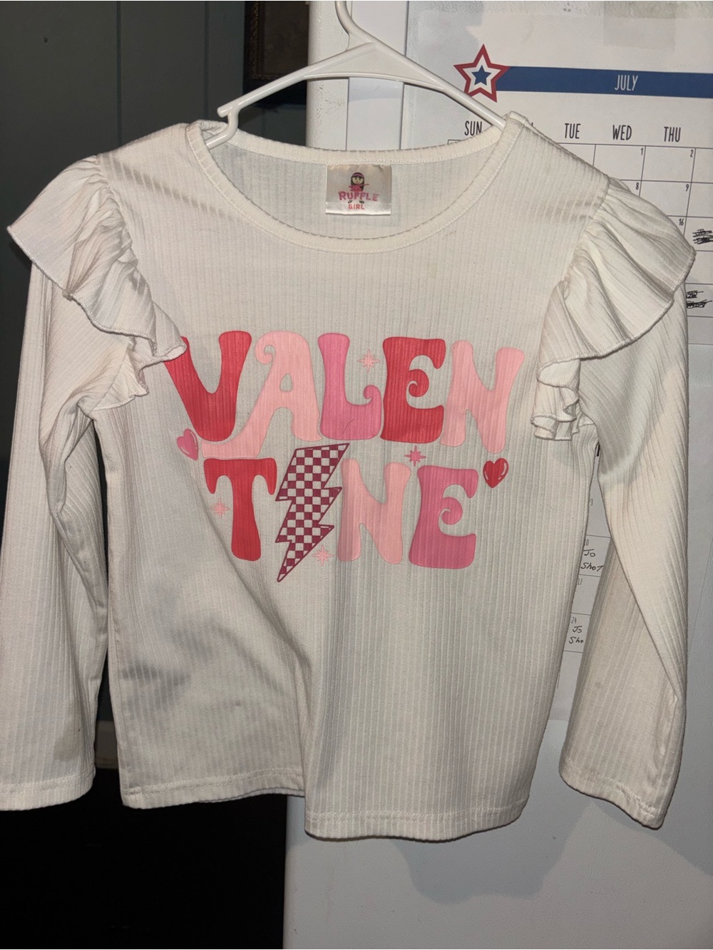 Ruffle Butts White Long Sleeve 'Valentine' Ruffle Shoulder Tee with Pink Graphic
